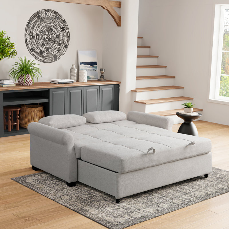 Serta Sabrina 73" Queen Rolled Arm Tufted Back Convertible Sleeper Sofa with Cushions, Oatmeal Microfiber