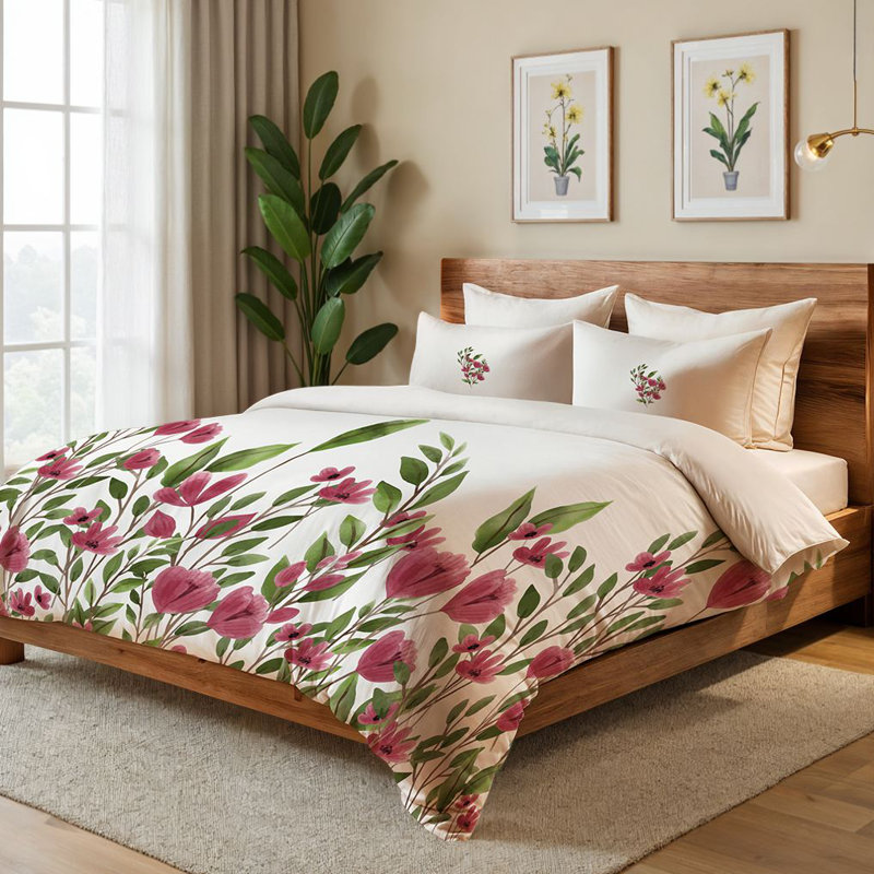 Ensemble de housse de couette, Housse de couette pour lit simple + 1 taie d'oreil, Crème / rose / bourgogne / vert floral