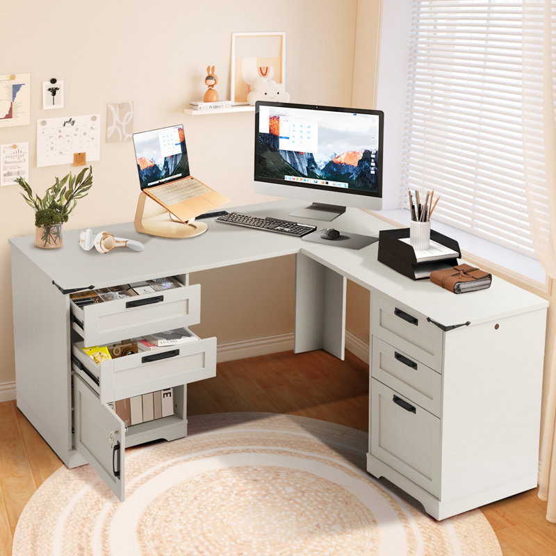 Bureau de direction en L avec tiroirs, bureaux à domicile avec station de charge, tiroir classeur, armoire de rangement réglable verrouillable, grande table d'ordinateur d'angle pour le travail et les études