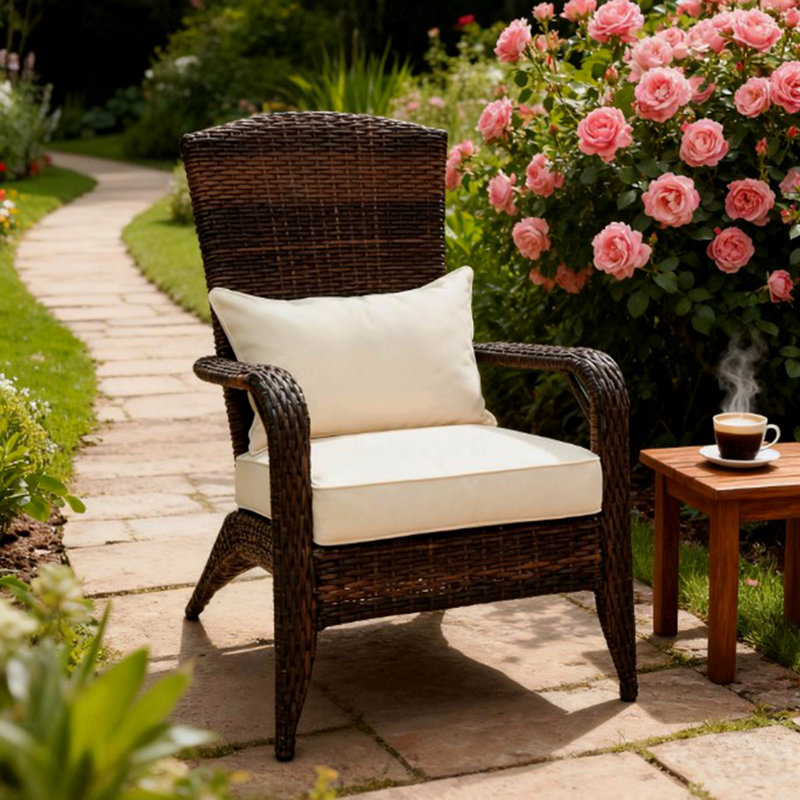 Outdoor Patio Chair, PE Rattan Wicker With Soft Cushions And Tall Curved Backrest, Beige