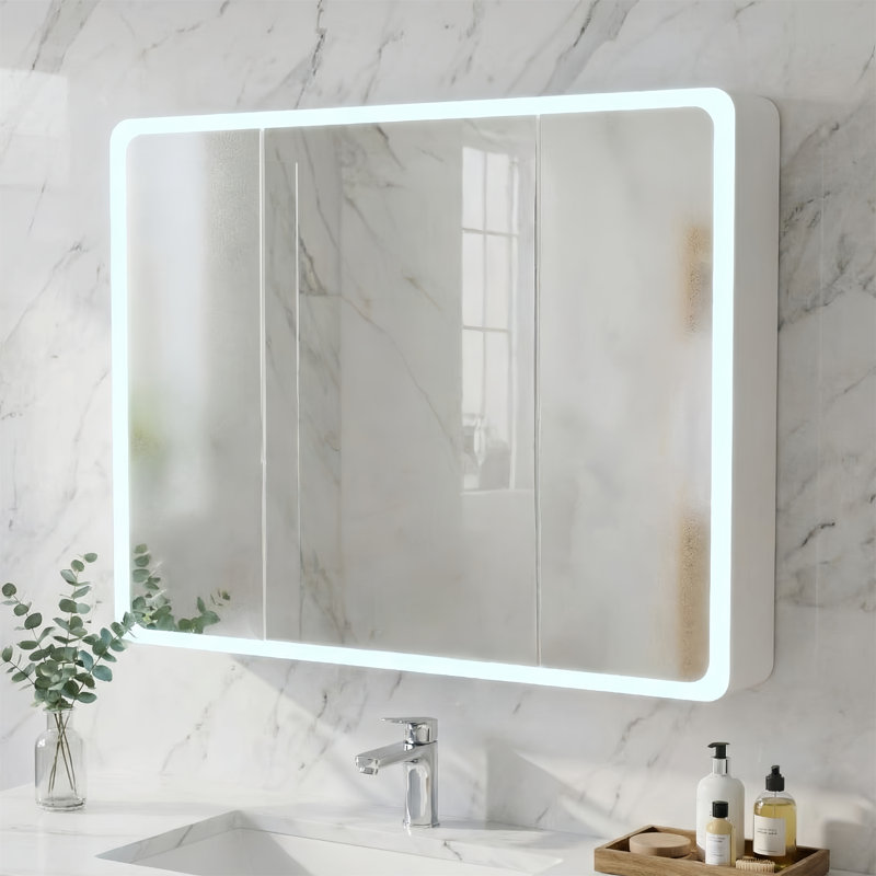 Armoire de toilette avec miroir à trois portes 27,56 po x 35,43 po, anti-buée, éclairage à DEL une couleur, tablettes réglables, crochets de porte et pochettes de rangement