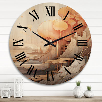 Abstract Full Moon Moutain Landscape I - Abstract Landscape Oversized Wood Wall Clock