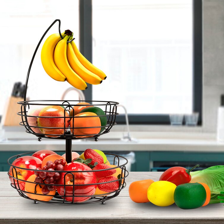 2 Tiers Metal Fruit Stand Vegetables Basket with Banana Hanger Countertop Fruit Basket Bowl Storage for Kitchen Home Ebern Designs