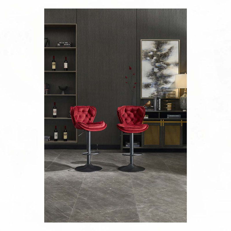 Tabourets de bar, avec repose-pieds chromé et base pivotante en velours, Siège rouge / cadre noir