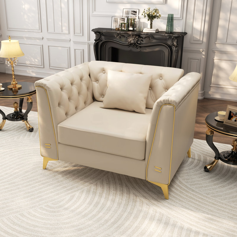 Canapé Chesterfield modulaire avec similicuir capitonné, Beige + similicuir blanc