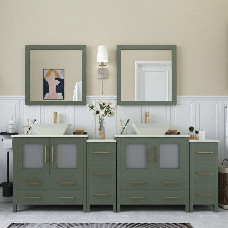 Modern 84" Double Bathroom Vanity Set with Mirror, Vintage Green
