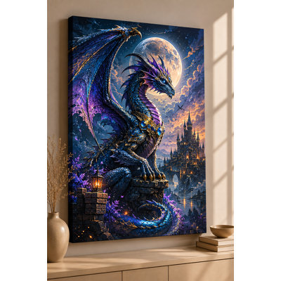 Large Moonlit Royal Dragon Wall Art Canvas Print 24x36 Inch Castle Kingdom Decor Fantasy Dragon Artwork for Living Room Office Home Decor Medieval Theme - Ready to hang