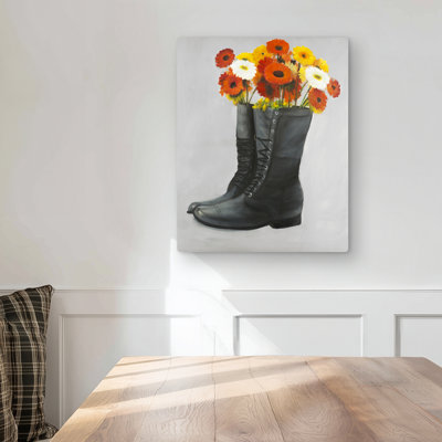 Boots Full of Flowers - Still Life Gray Metal Print Decor