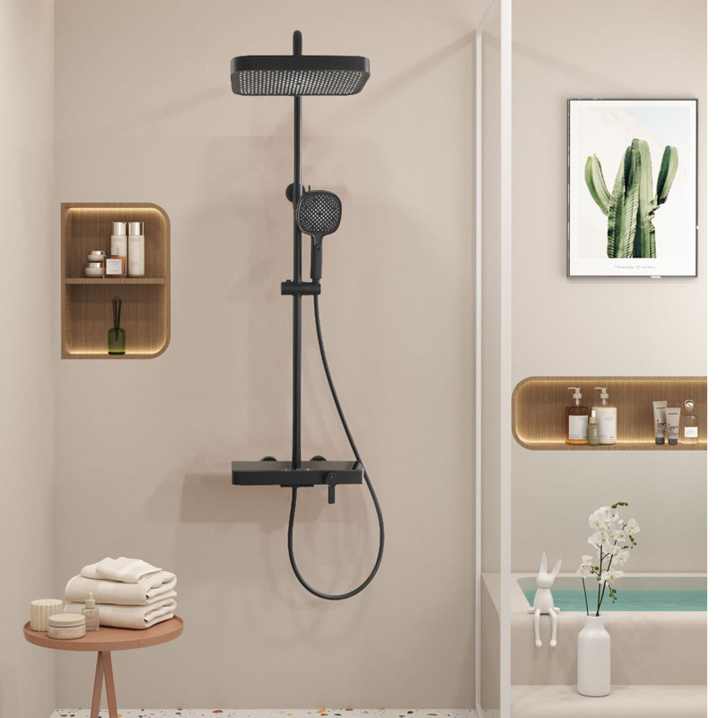 Ensemble de douche thermostatique moderne et moderne avec pomme de douche à trois fonctions, Noir mat