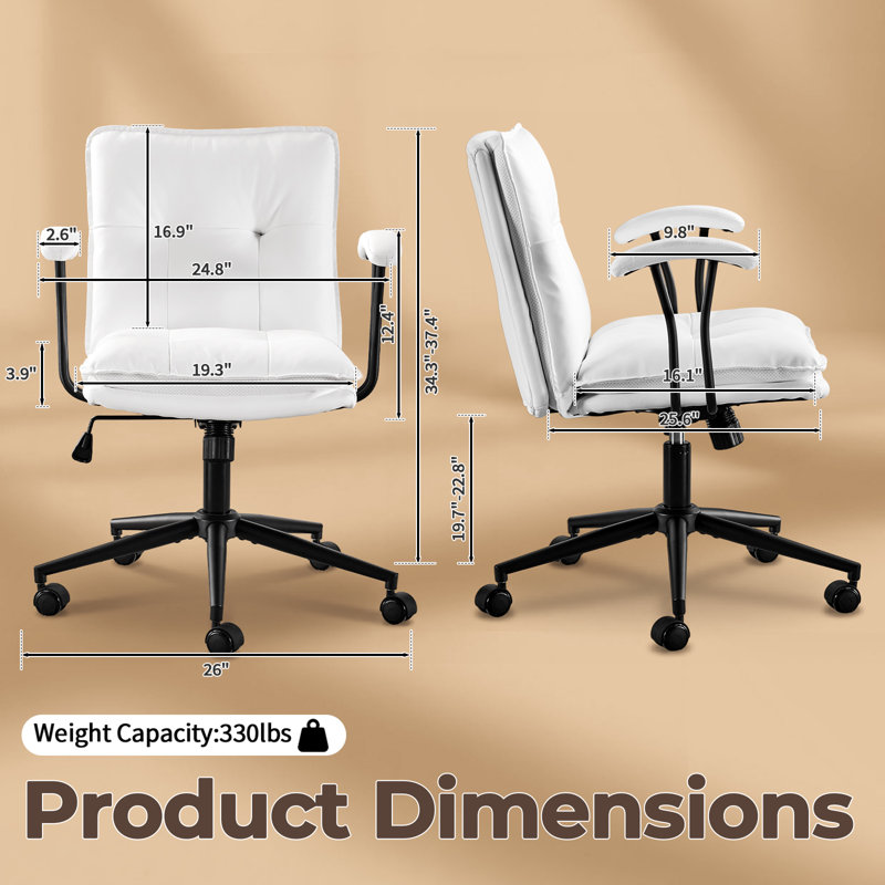 Tufted Button Double Layer Padding Faux Leather Swivel Office Chair, White