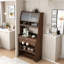 Buffet avec huche et table de salle à manger pliable, tablettes de rangement, crochets latéraux et armoire avec portes coulissantes-1343752258