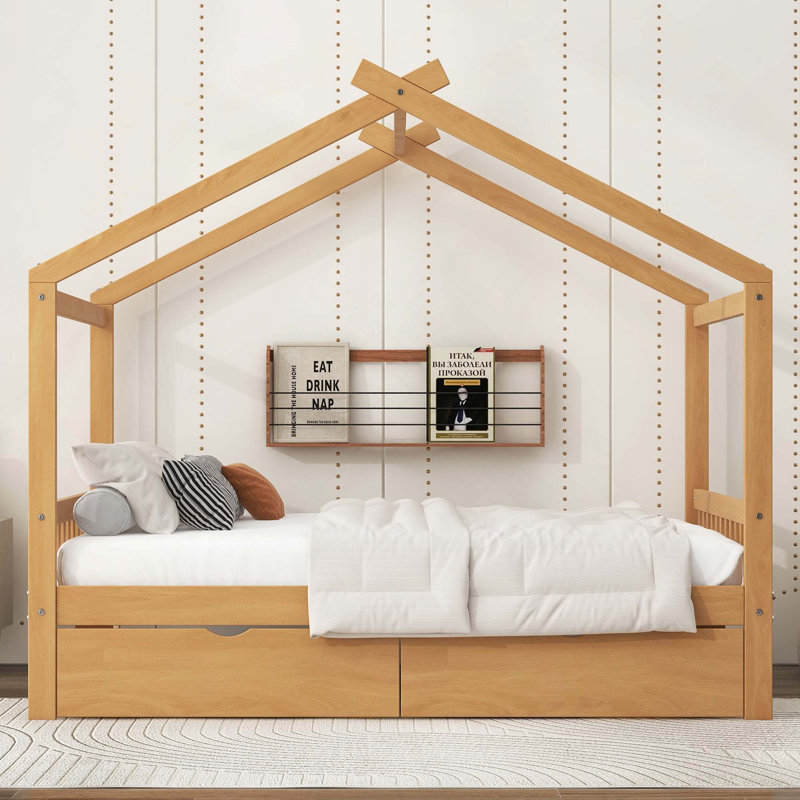 House Platform Bed With Two Drawers, Natural