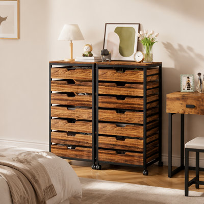7-Drawer Storage Dresser Cabinet With Wheels, Industrial Wood Chest Organizer With Metal Frame, Mobile Drawer Unit For Office, Bedroom, Entryway, Living Room – Rustic Brown
