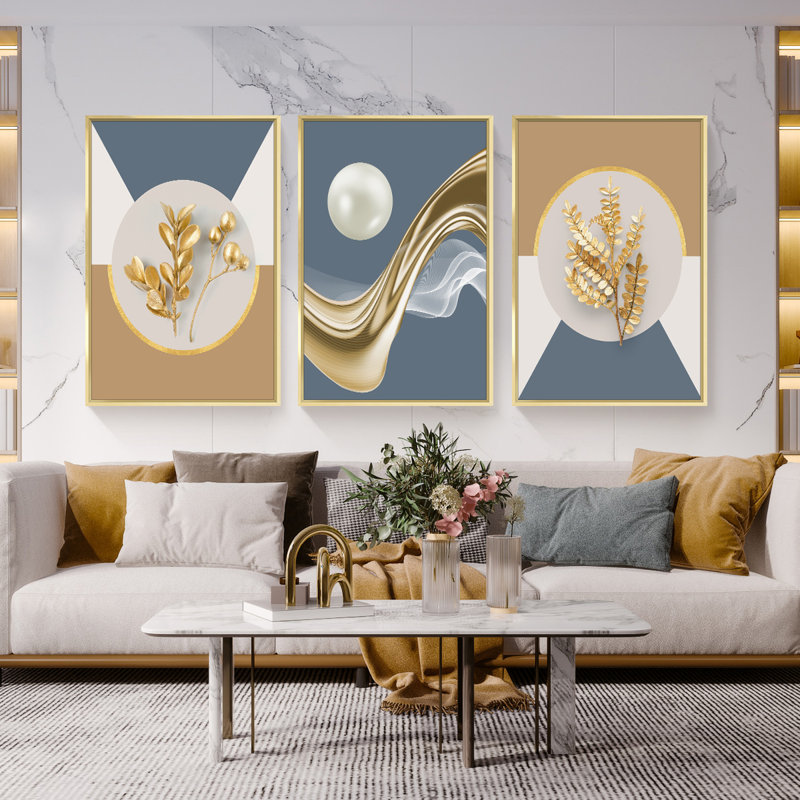 Luxueux aluminium encadré, ensemble de 3 reproductions d'art encadrées sur toile, H 24,3 po x l 48,3 po x P 1,65 po, Or
