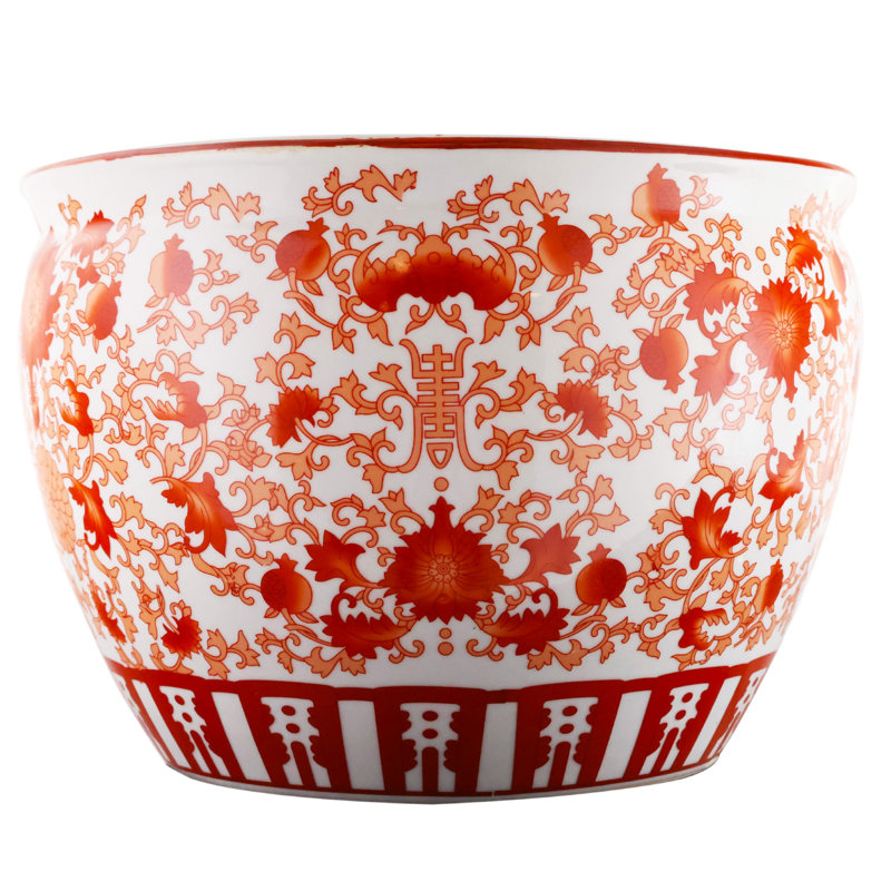 Oriental Fish Bowl Red Coral Pattern, 9" H x 12" W x 12" D