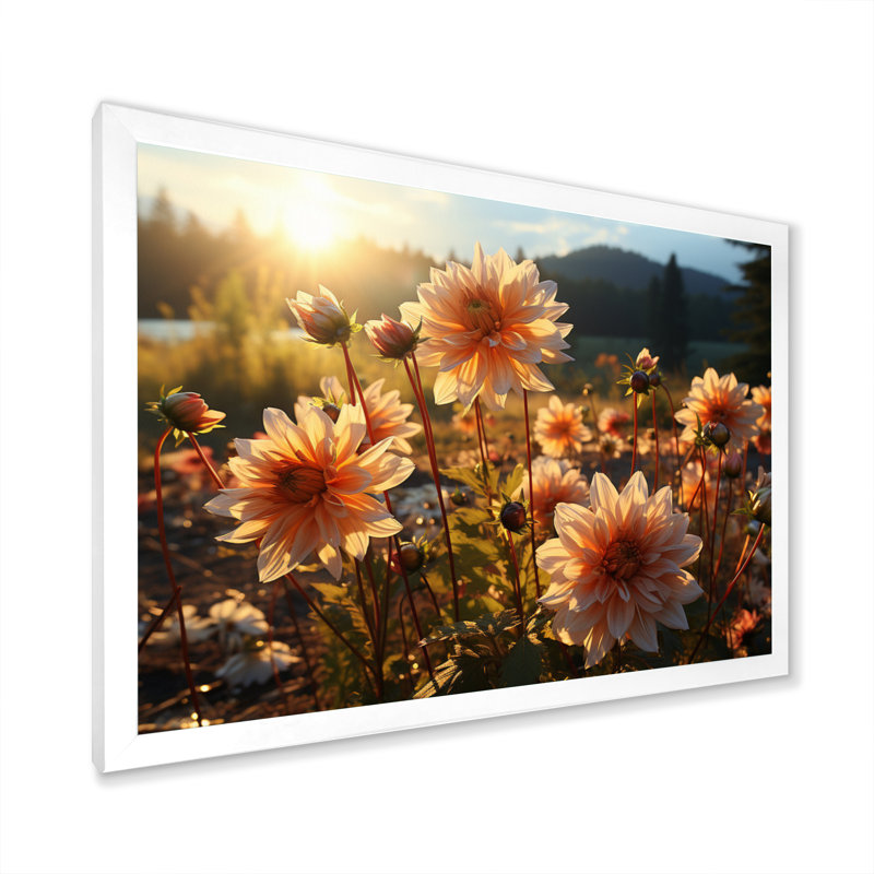 " Daisies Field Sunrise II ", 16" H x 32" W x 1" D, White Single Picture Framed