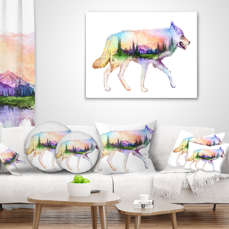 Loup double exposition - coussin imprimé animal, 18 po x 18 po, Coussin décoratif