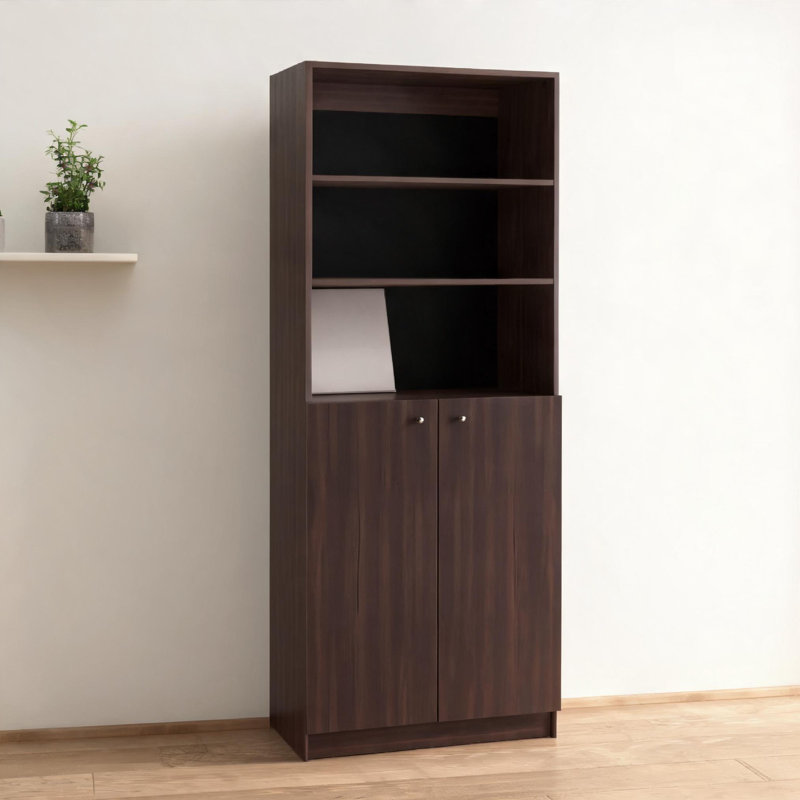 Particle board bookcase for home living, study and bedroom spaces wood-tone brown mixed display and concealed storage
