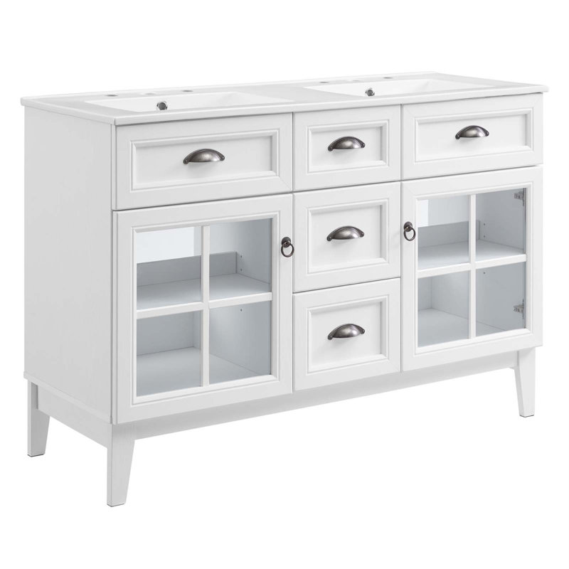 Isle 48" White Double Sink Bathroom Vanity Cabinet with Glass Doors