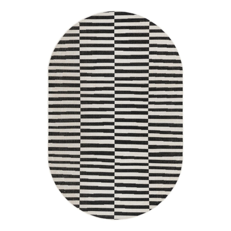 Arzilla Striped Area Rug, Oval 7'10" x 10', Black