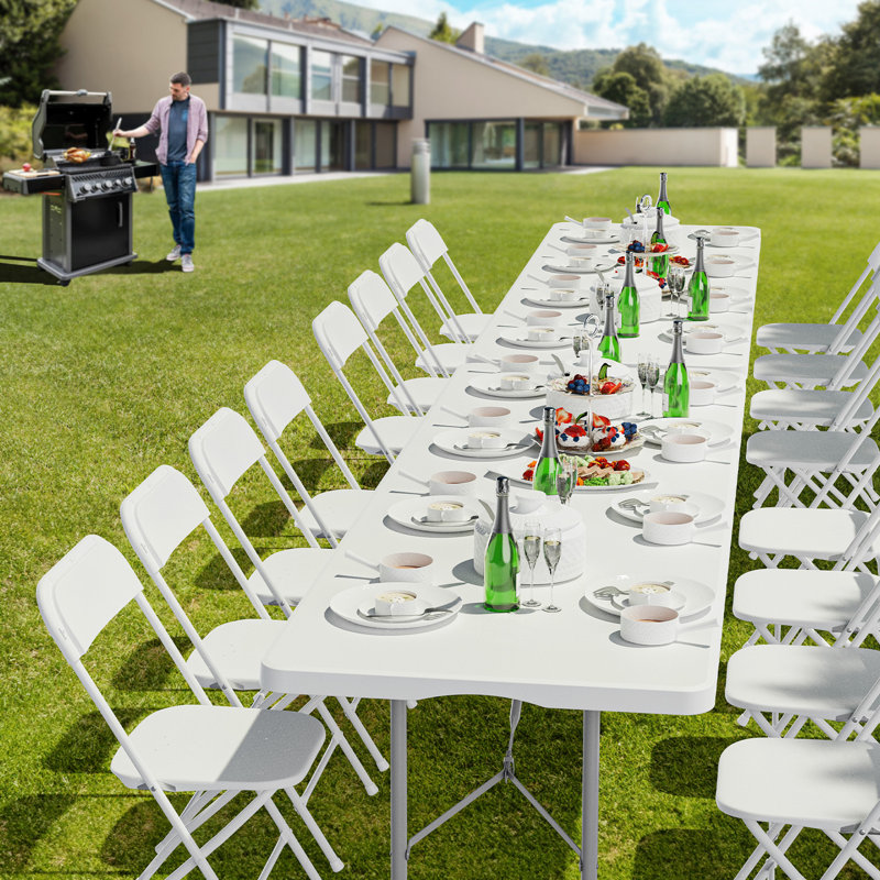 Plastic Rectangular Folding Table Portable Long Table, 29.13" H x 96.09" L x 29.13" W, White