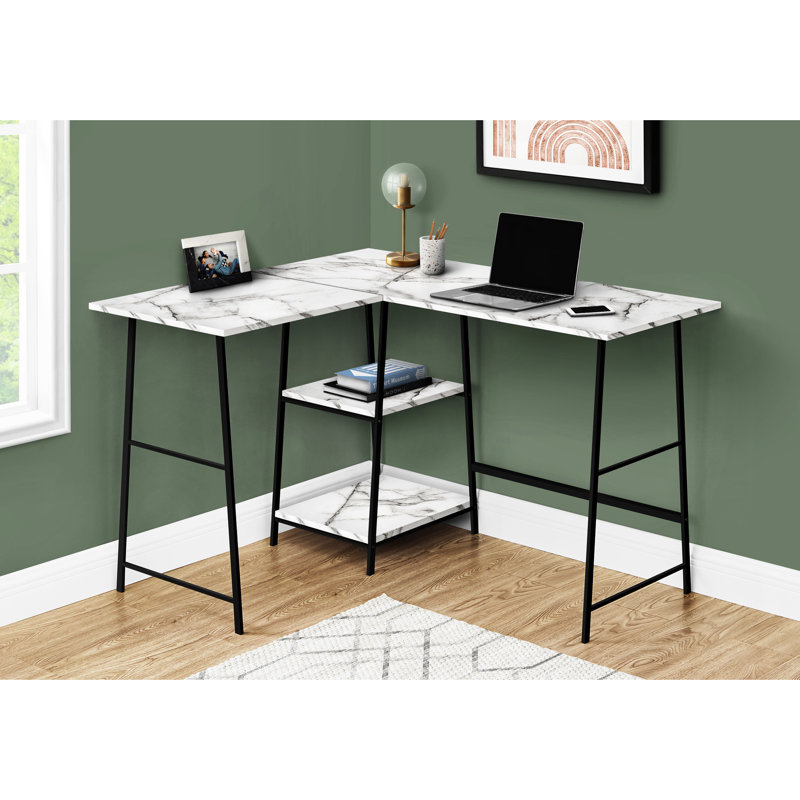 Bureau d'écriture en L Home Office, stratifié en marbre blanc, métal noir, avec rangement fonctionnel Bureau d'ordinateur en stratifié de marbre