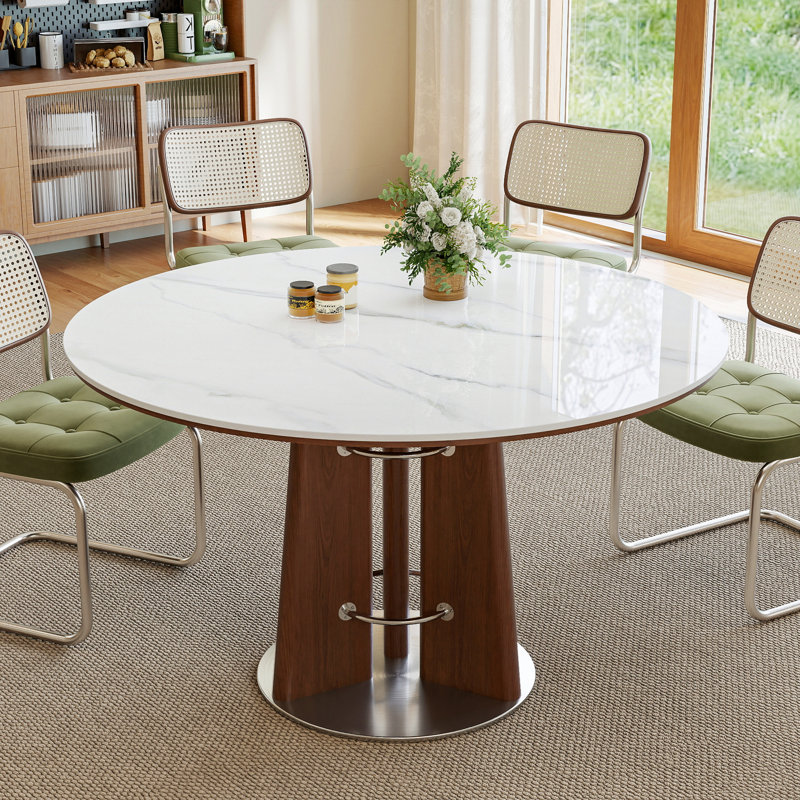 Table de salle à manger ronde en pierre frittée avec base en noyer