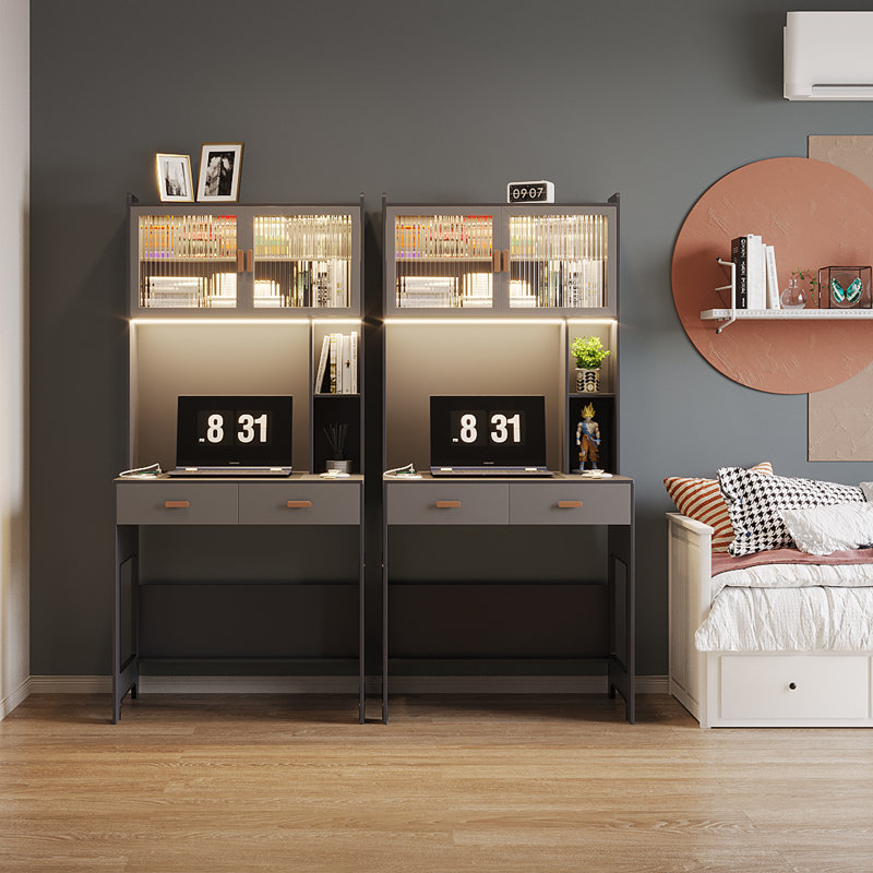 Bureau d'ordinateur l 31,5 po avec huche et armoire Berwaldt, Gris foncé / Gris pâle