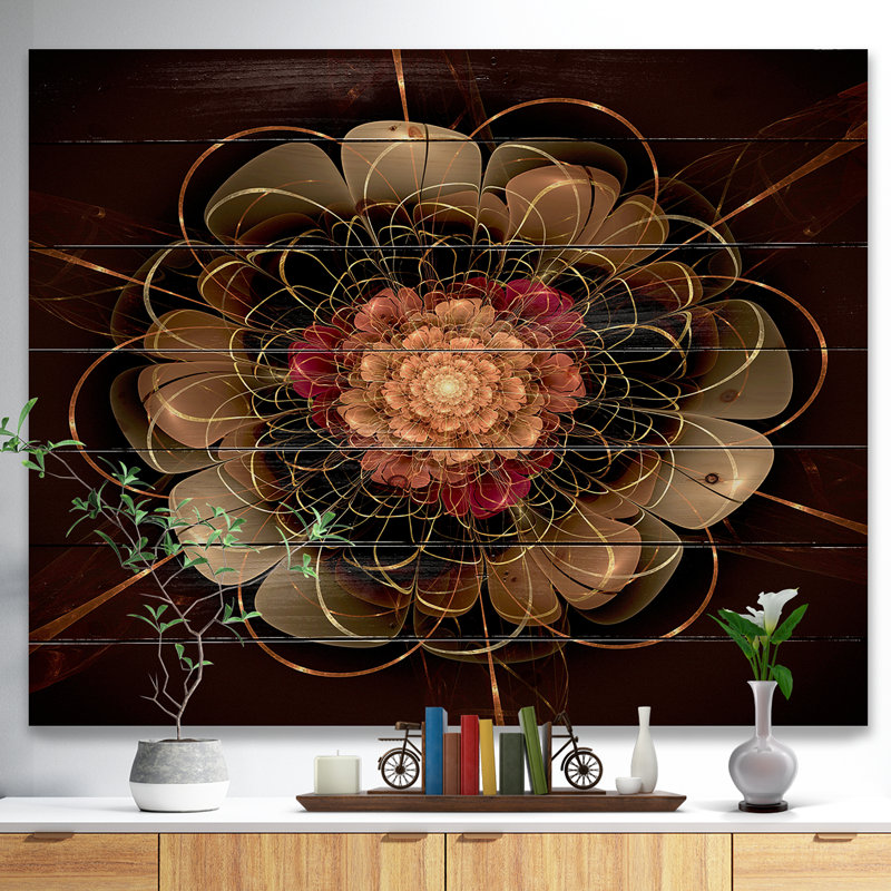 Abstrait, art floral sur toile rouge or fractal - Fractal Bloom, H 30 po x l 40 po x P 1,5 po, Bois