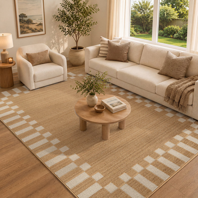 Fifth Avenue Check Border Rug, Spruce Yellow,Off-White,Beige, Rectangle 200 x 275 cm