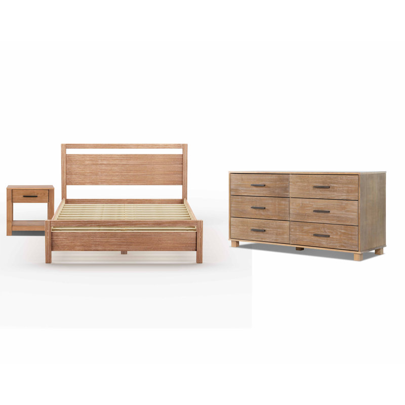 Loft Solid Wood Piece Bedroom Set, Acacia, 3 Pieces: 1 Bed, 1 Nightstand, 1 Dresser