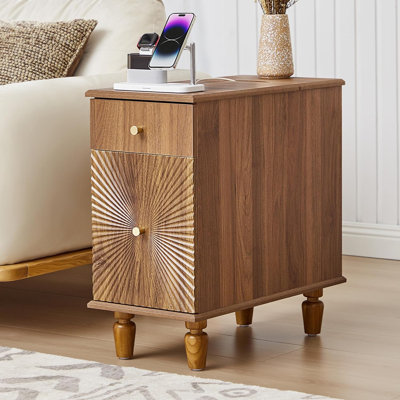 Narrow End Table With Charging Station, Slim Nightstand With Drawer & Fluted Blister Door, Accent Wooden Bedside Side Table For Small Space Living Room (1, Walnut)