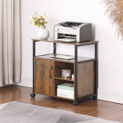Support d'imprimante de bureau et classeur avec zones de rangement pour lettres A4 intégrées, structure latérale en métal, assemblage simple, ports rustiques d'apparence brune et noire, compartiments dimensionnels, stabilité du cadre,