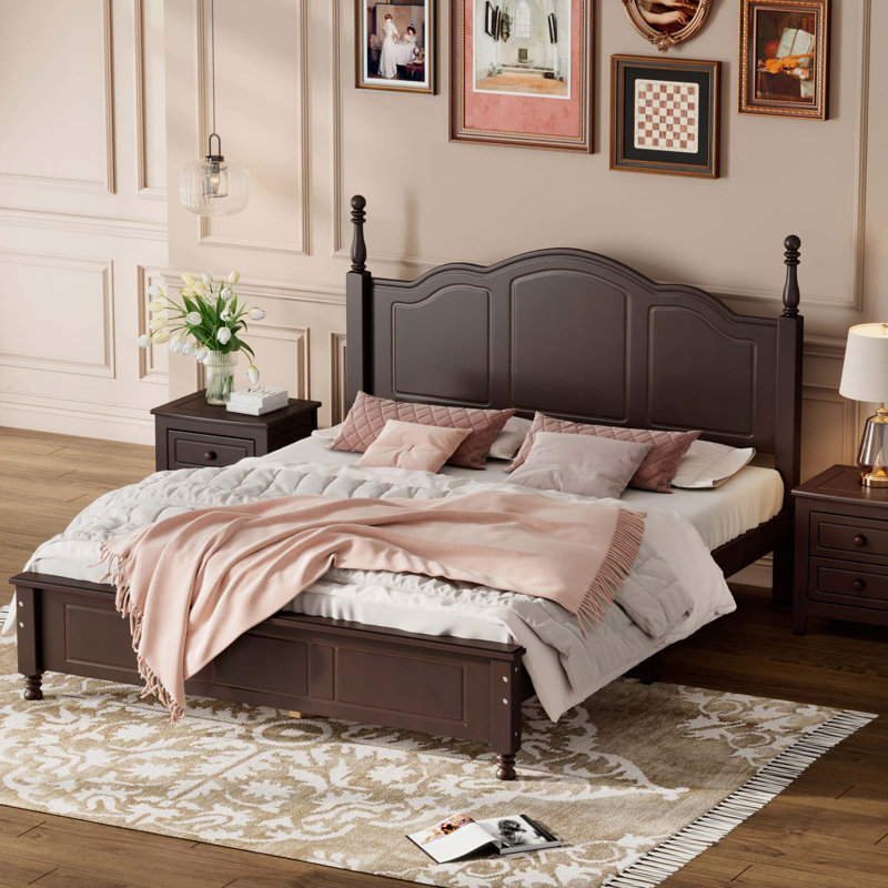 Cadre de lit plateforme en bois, lit plateforme de style rétro, Noyer
