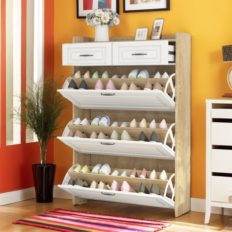 Multi Functional Narrow Flip Shoe Cabinet With 3 Doors 2 Drawers, Save Space, Suitable For Entryway And Corridors(oak Colour)