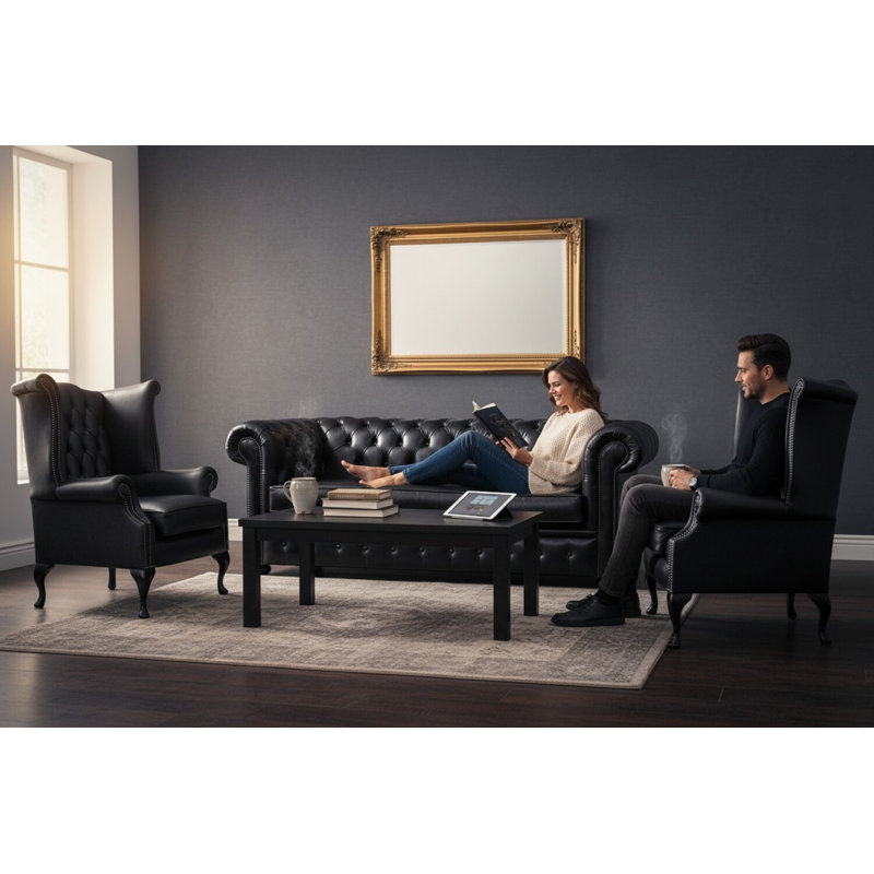 Chesterfield 3 Seater Sofa + 2 X Queen Anne Chairs Old English Leather Sofa Offer, Black