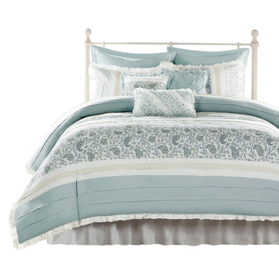 9 Piece King Bedroom Duvet Cover - Cotton With Rushed Flange And Decorative Pillows Size Cottage Style Ruching 2 Euro Shams