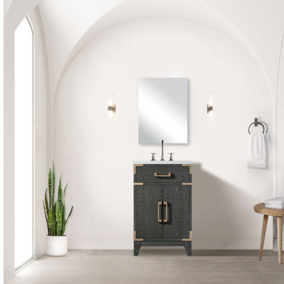 20 po De salle de bain en chêne noir avec plateau en acrylique, miroir, fermeture en douceur et meuble de rangement