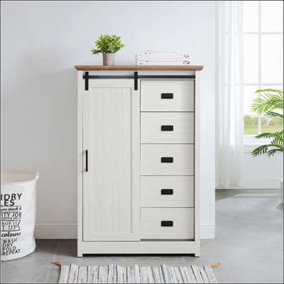 Commode 5 tiroirs avec porte de grange coulissante