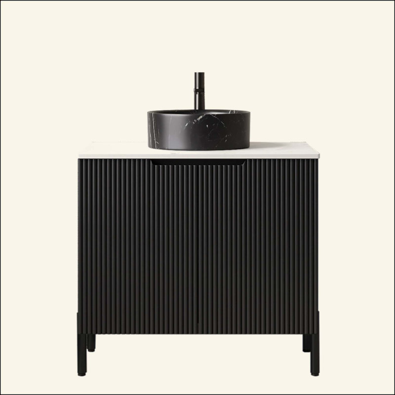 Meuble-lavabo de salle de bain avec lavabo, armoire de rangement autoportante avec 2 portes, lavabo en céramique avec motif en pierre et comptoir en pierre frittée, sans robinet