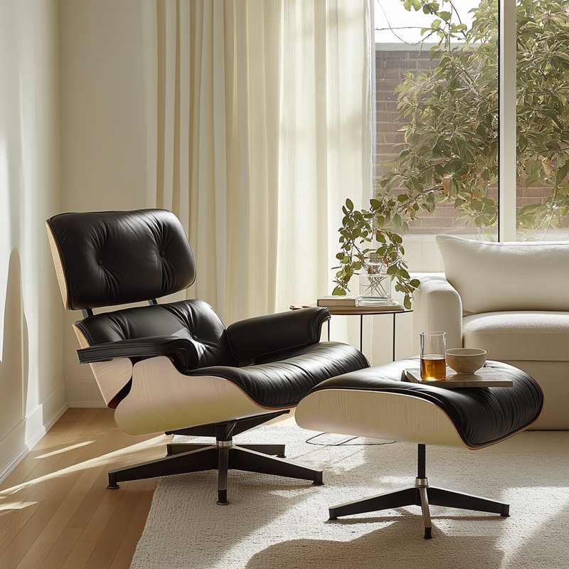 Real Leather lounge chair with Solid Wood, Natural Wood Black Genuine Leather