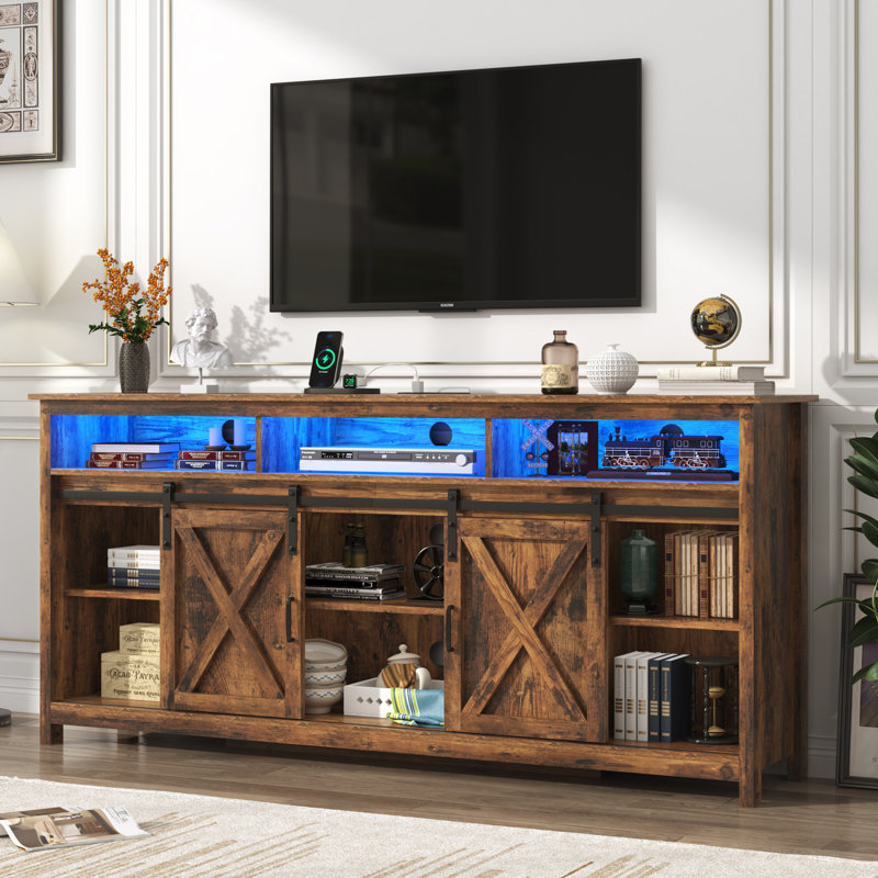 70” Wooden Farmhouse TV Stand for 70/80 inch TV,Double Layer Storage Entertainment Center TV Console Table,w Double-Row Sockets and 2 Sliding Barn Door,Media Cable Box