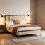 Structure de lit plateforme tapissier avec tête de lit à grille géométrique, pas de sommier nécessaire, velours beige avec structure en métal noir-129459773-129459774