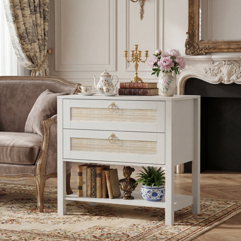 Table de chevet 26 po avec table de chargement et table de chevet à 2 tiroirs avec tablette ouverte, Blanc