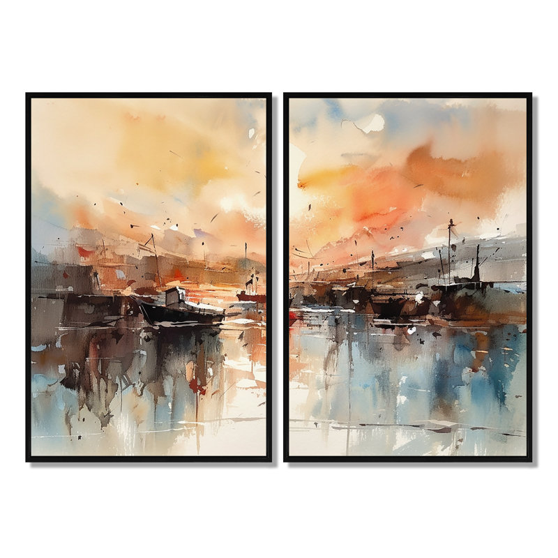 Orange et reflets de port brun - décoration murale traditionnelle orange 2 pièces, 36'' H x 48'' W, Black