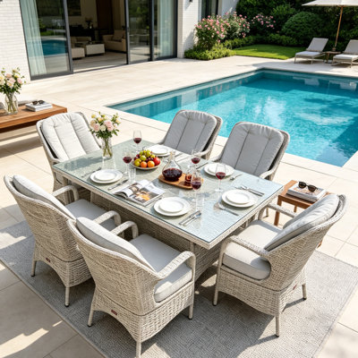 Ensemble de salle à manger d'extérieur en aluminium 7 pièces avec table rectangulaire en verre et fauteuils ergonomiques