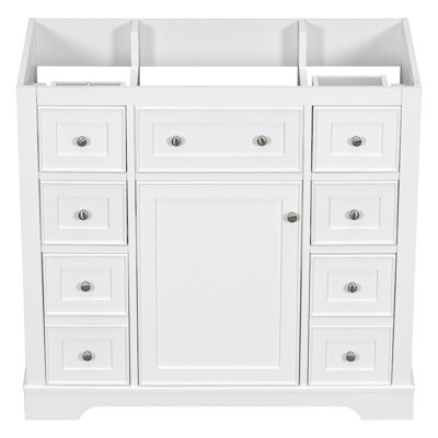 Meuble-lavabo de 36 po - Blanc, 1 porte et 6 tiroirs, bois massif et design moderne, finition peinte, base blanche à assembler seulement. Armoire à tiroirs. Élégance. Finition. Autoportante. Requise