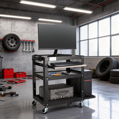 24"X18" Steel AV Cart Power Strip & Keyboard Tray 30.5" Height Adjustable 3-Shelf Rolling Projector Cart Wheels​​