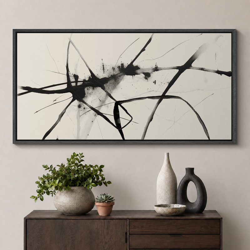 «Grunge Abstract Paint Stroke Effect Minimalist Black Ink Splatter On», reproduction encadrée sur toile, H 30 po x l 60 po