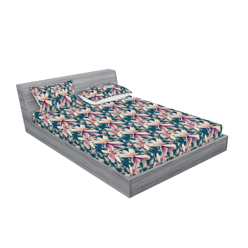 Ambesonne Fitted Sheet & Shams, Blue/Pale Purple Flower, Full Sheet Set with 2 Pillowcases